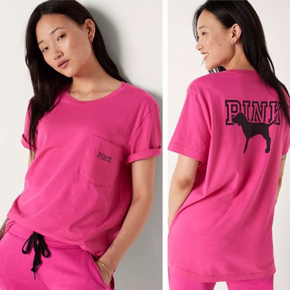 VS VICTORIAS SECRET PINK CAMPUS SHORT SLEEVE TEE TOP NEON FUSCHIA DOG - Picture 1 of 3